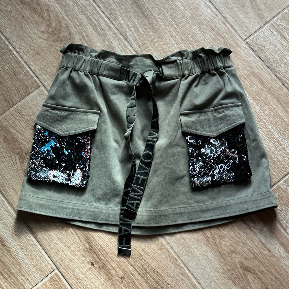 Ramy Brook Chelsea Cargo Sequin Pocket Mini Skirt in olive green  Size Small - Picture 3 of 6
